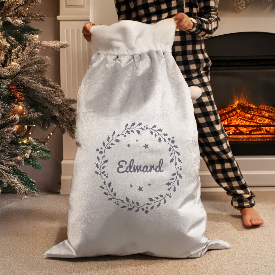 Personalised Holly Grey Christmas Sack