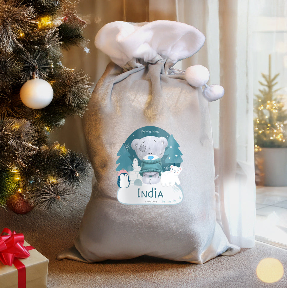 Personalised Winter Explorer Tiny Tatty Teddy Luxury Silver Grey Pom Pom Sack