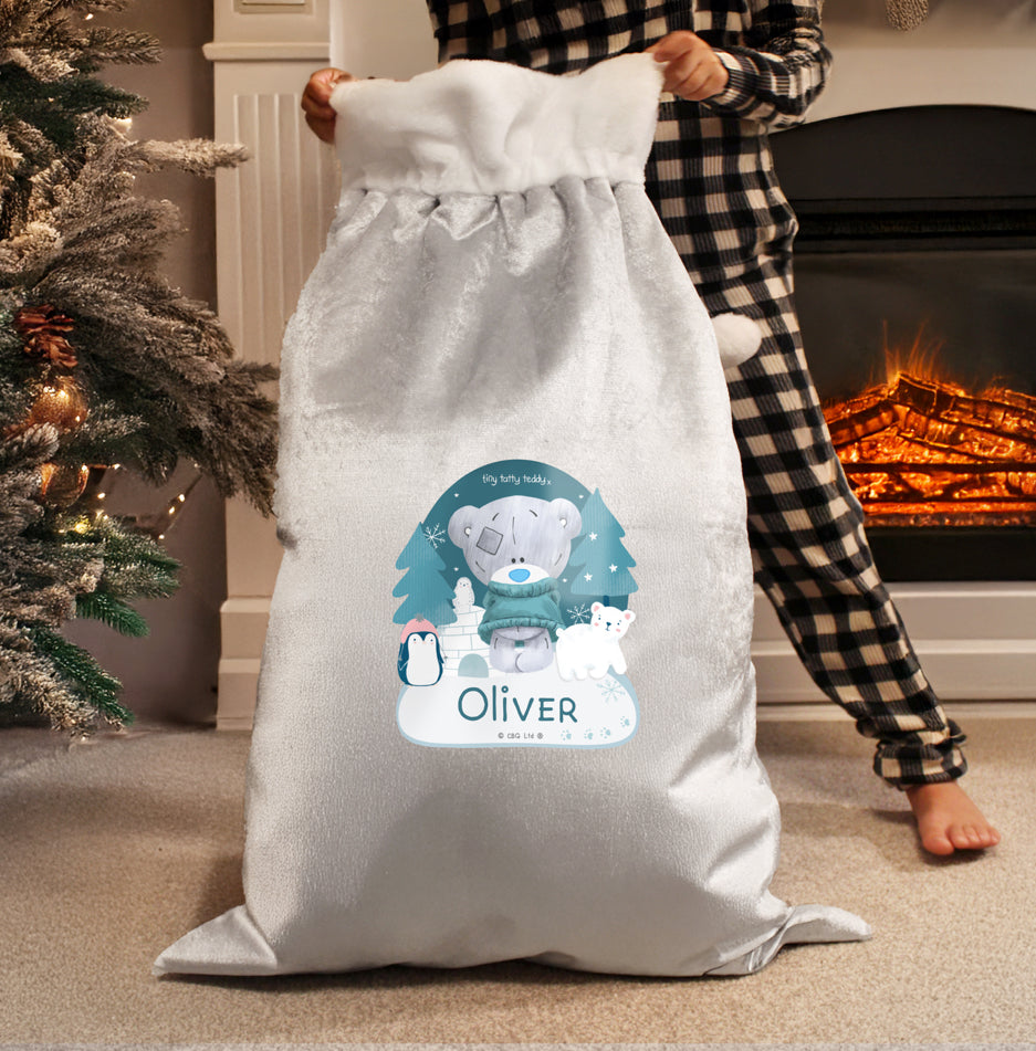 Personalised Winter Explorer Tiny Tatty Teddy Luxury Silver Grey Pom Pom Sack