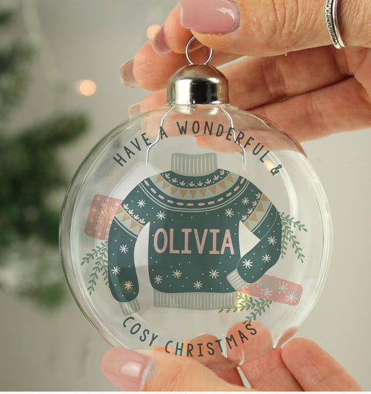 Personalised Cosy Christmas Glass Bauble