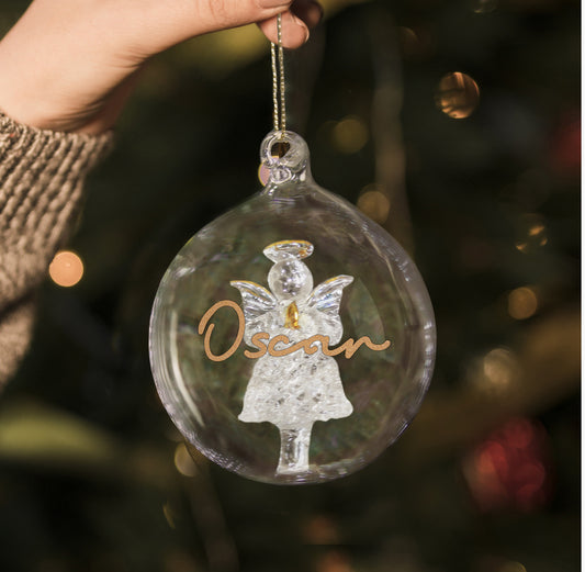 Personalised Gold Glitter Name Only Angel Glass Bauble