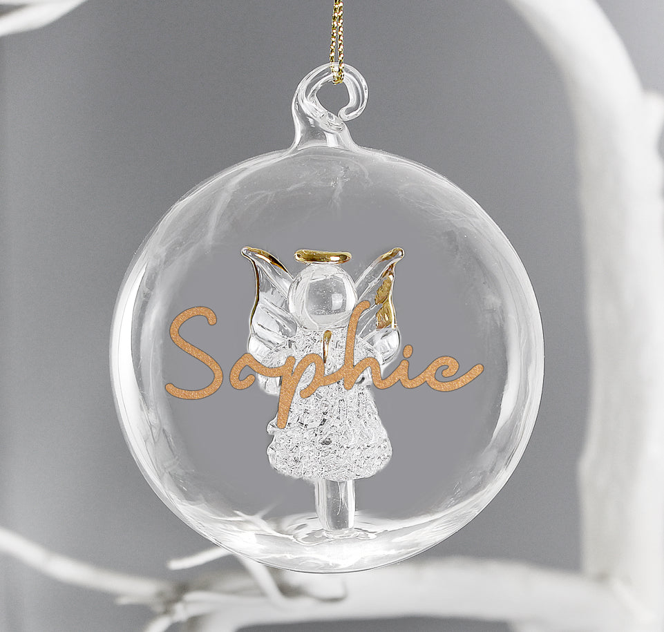 Personalised Gold Glitter Name Only Angel Glass Bauble