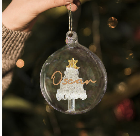 Personalised Gold Glitter Name Only Tree Glass Bauble