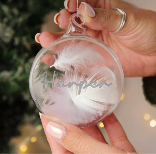 Personalised Silver Glitter Name Only Feather Glass Bauble
