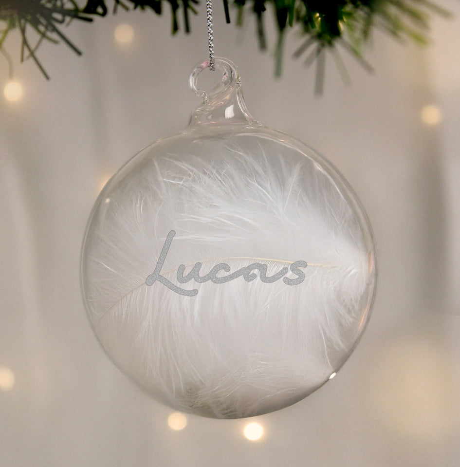 Personalised Silver Glitter Name Only Feather Glass Bauble