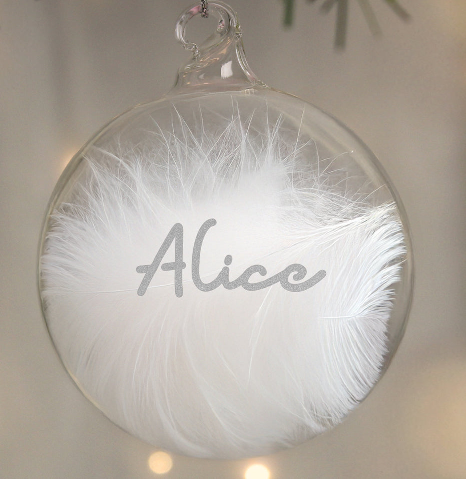Personalised Silver Glitter Name Only Feather Glass Bauble