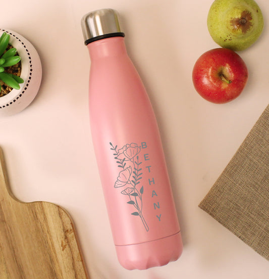 Personalised Floral Pink Metal Insulated Drinks Bottle