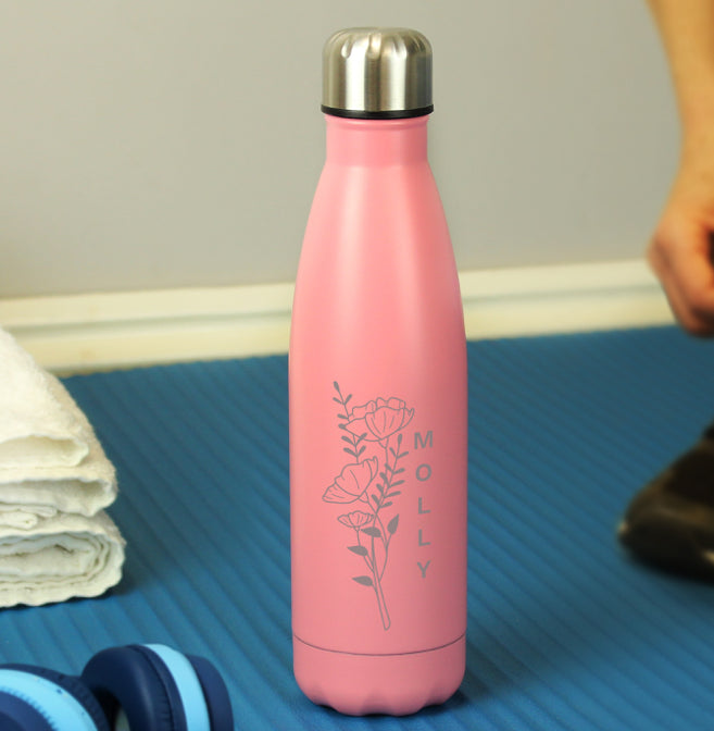 Personalised Floral Pink Metal Insulated Drinks Bottle