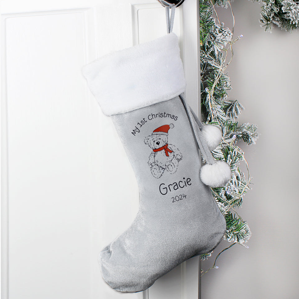 Personalised My 1st Christmas Teddy Silver Grey Stocking