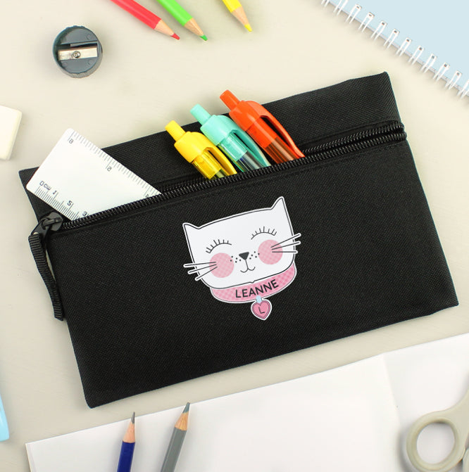 Personalised Cute Cat Black Pencil Case