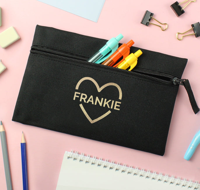 Personalised Gold Heart Black Pencil Case