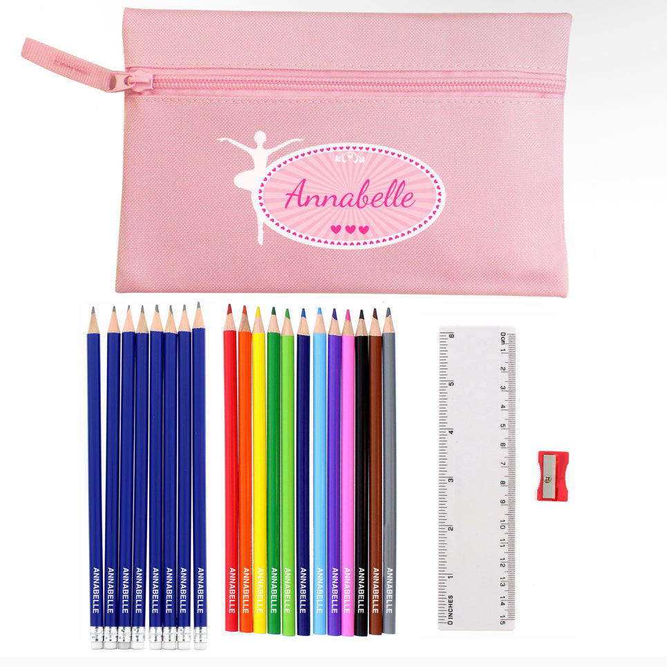 Pink Ballerina Pencil Case with Personalised Pencils & Crayons