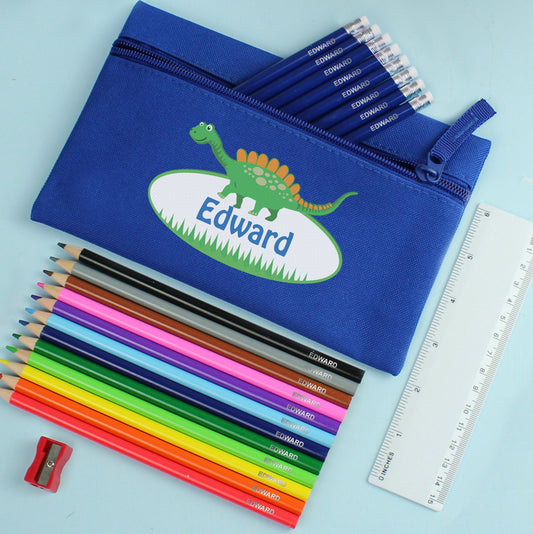 Blue Dinosaur Pencil Case with Personalised Pencils & Crayons