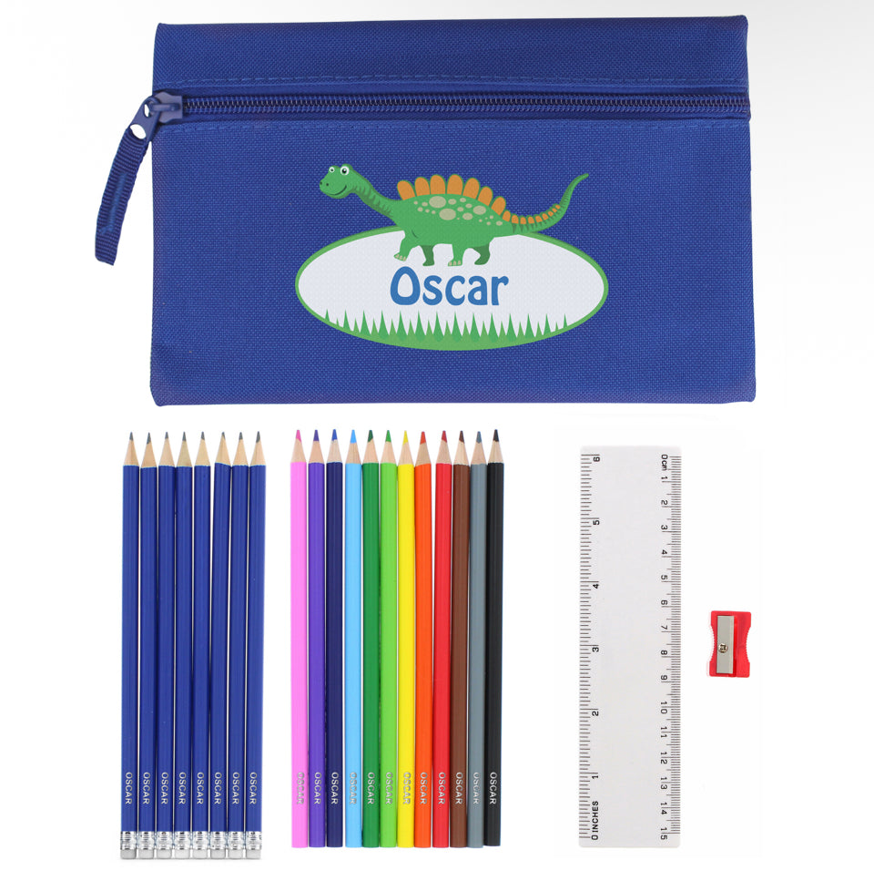 Blue Dinosaur Pencil Case with Personalised Pencils & Crayons
