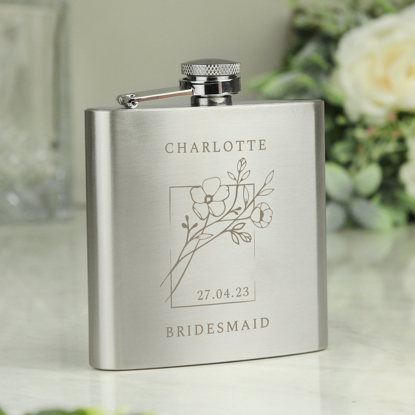 Personalised Monochrome Floral Wedding Party Hip Flask