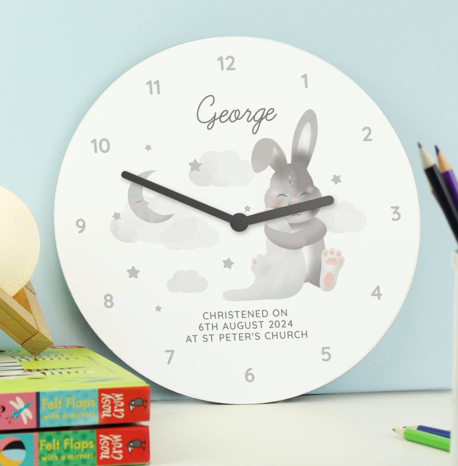 Personalised Baby Bunny White Wooden Clock