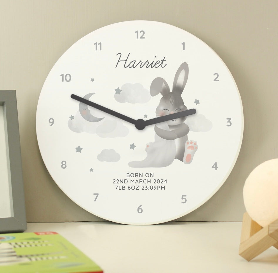 Personalised Baby Bunny White Wooden Clock