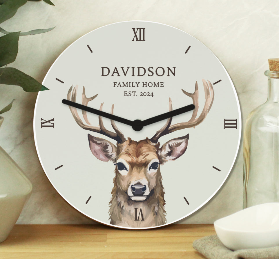 Personalised Watercolour Stag Wooden Clock