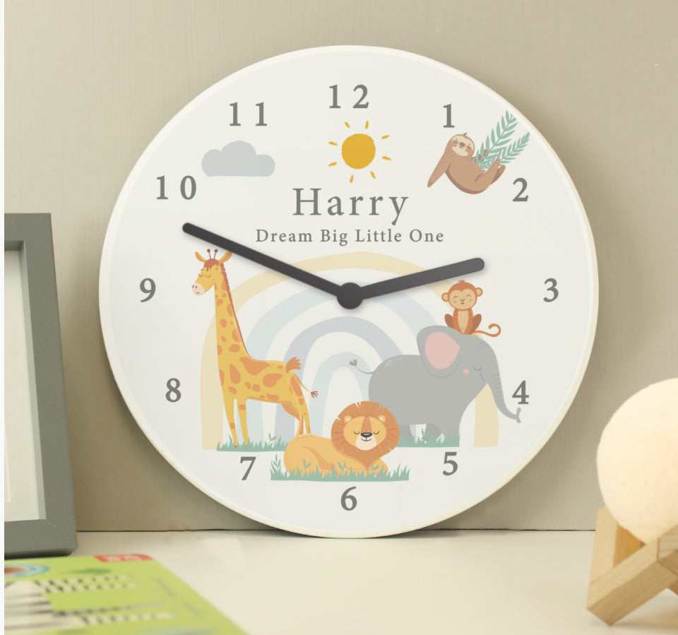 Personalised Safari Animals Wooden Nursery Clock