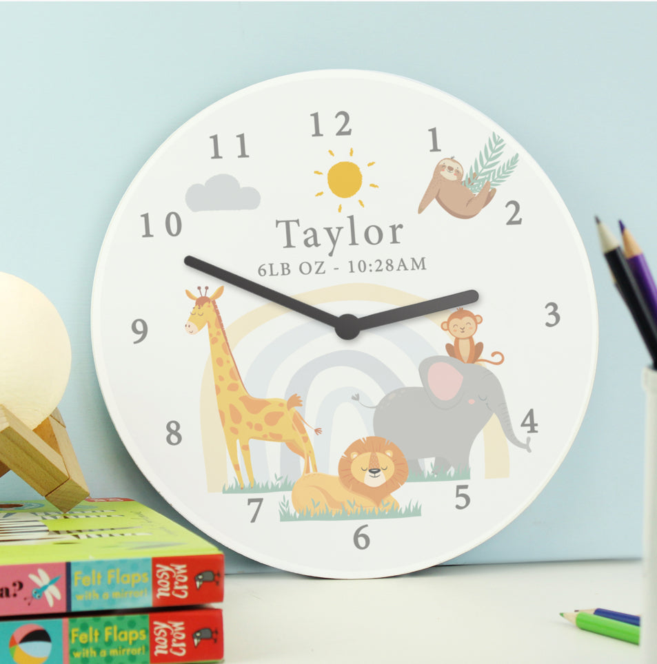 Personalised Safari Animals Wooden Nursery Clock