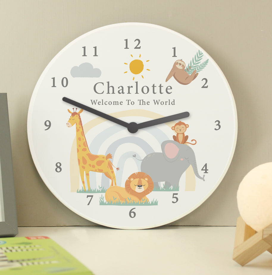 Personalised Safari Animals Wooden Nursery Clock