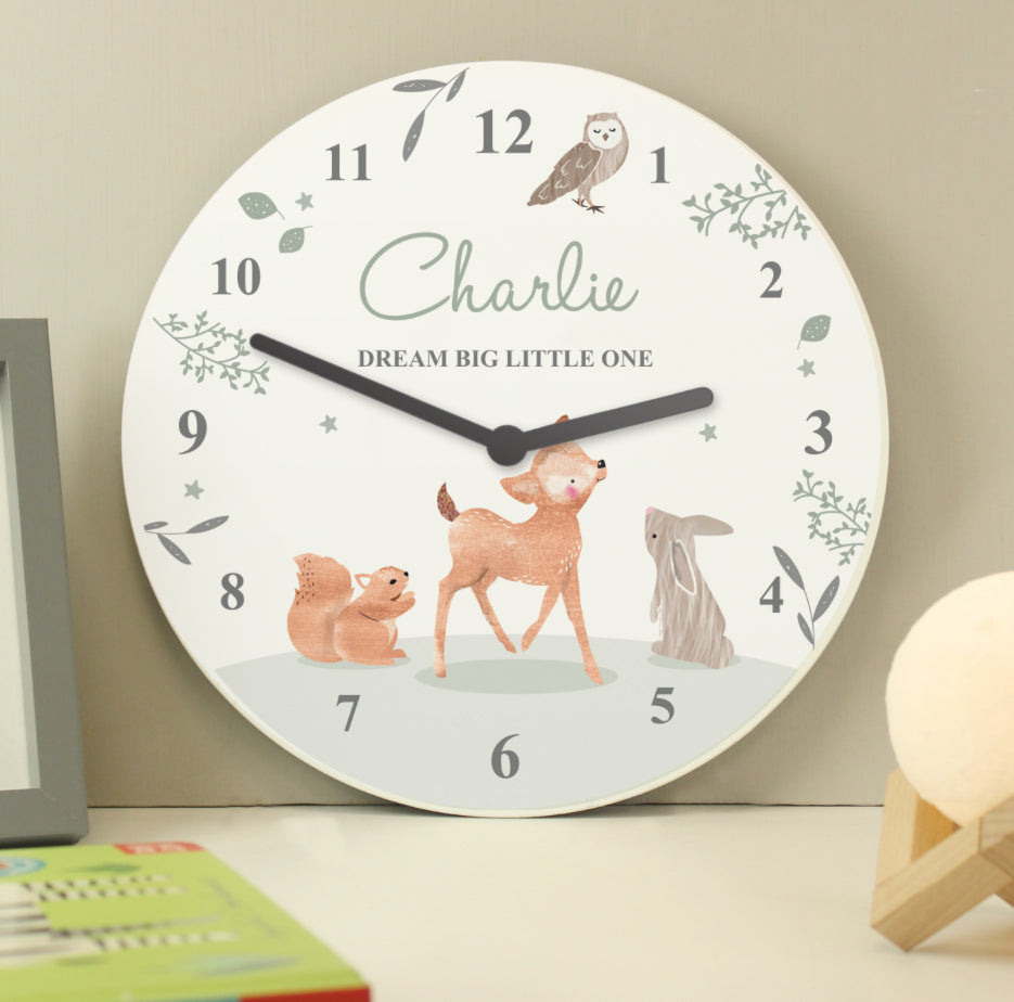 Personalised Woodland Animals Wooden Nursery Clock