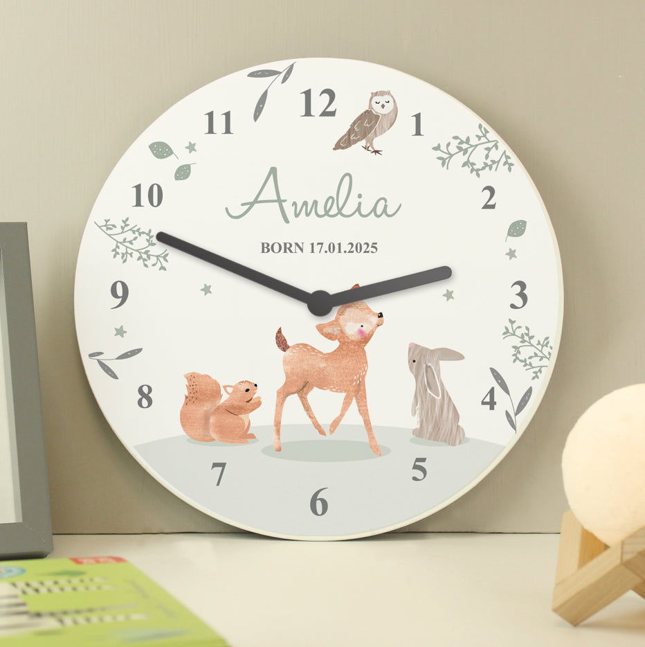 Personalised Woodland Animals Wooden Nursery Clock