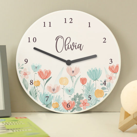 Personalised Floral Wooden Childrens Clock