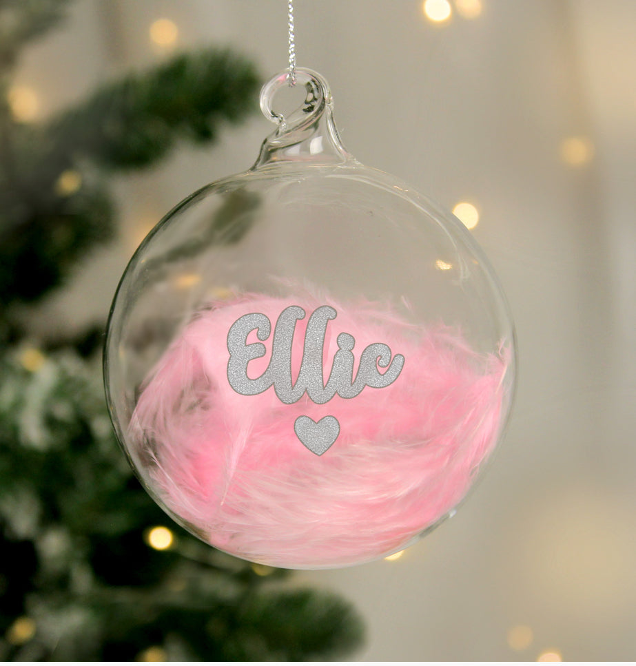 Personalised Pink Feather Silver Heart Glass Bauble