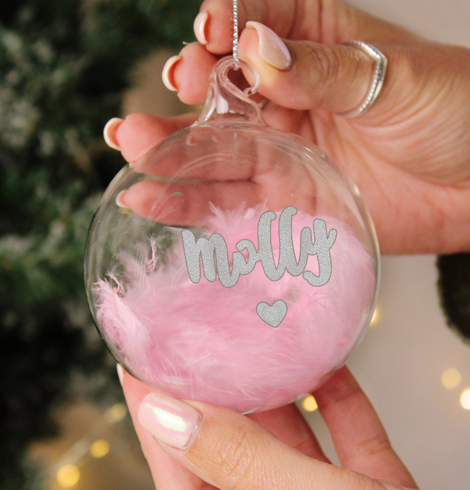 Personalised Pink Feather Silver Heart Glass Bauble