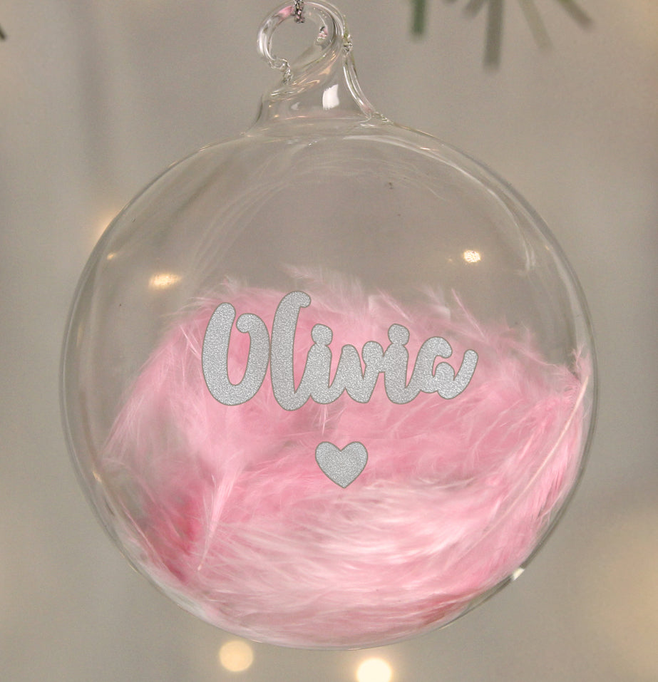 Personalised Pink Feather Silver Heart Glass Bauble