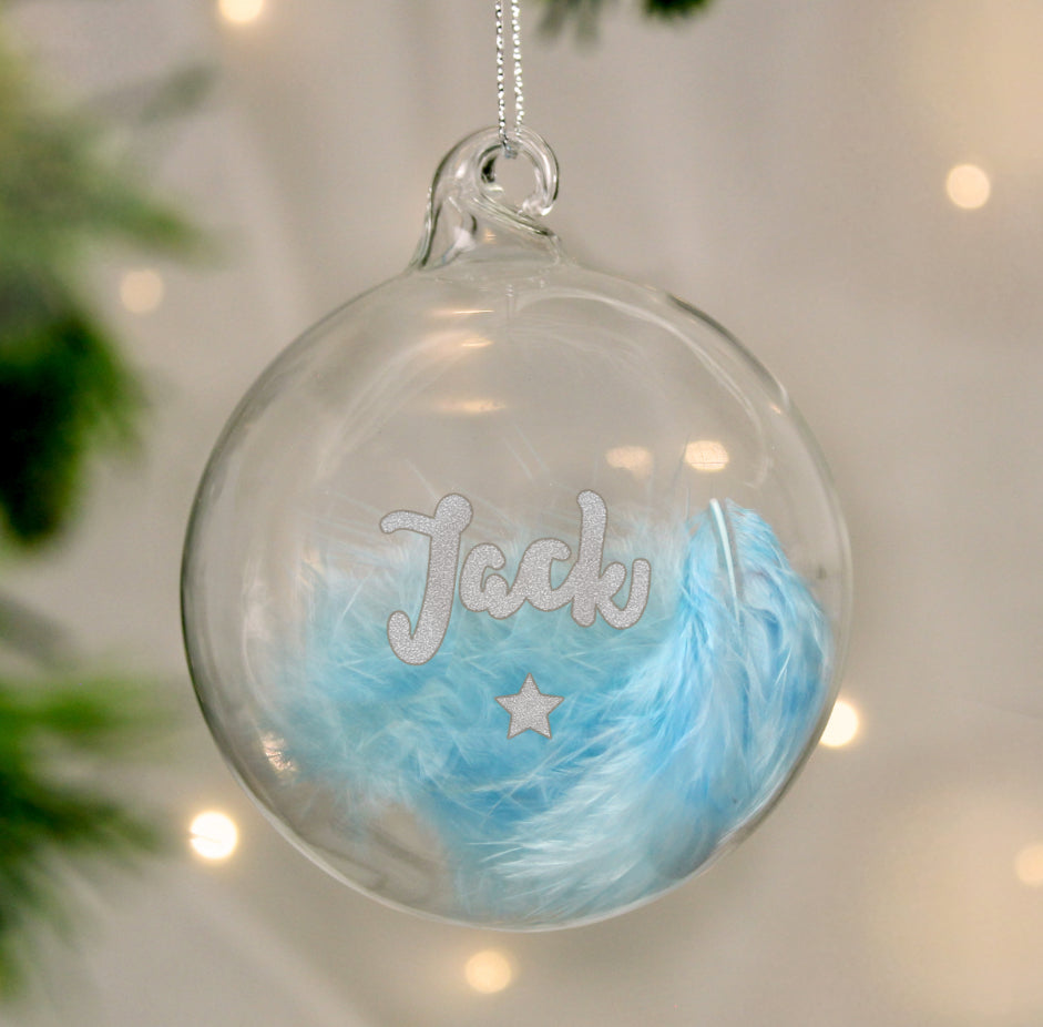 Personalised Blue Feather Silver Star Glass Bauble