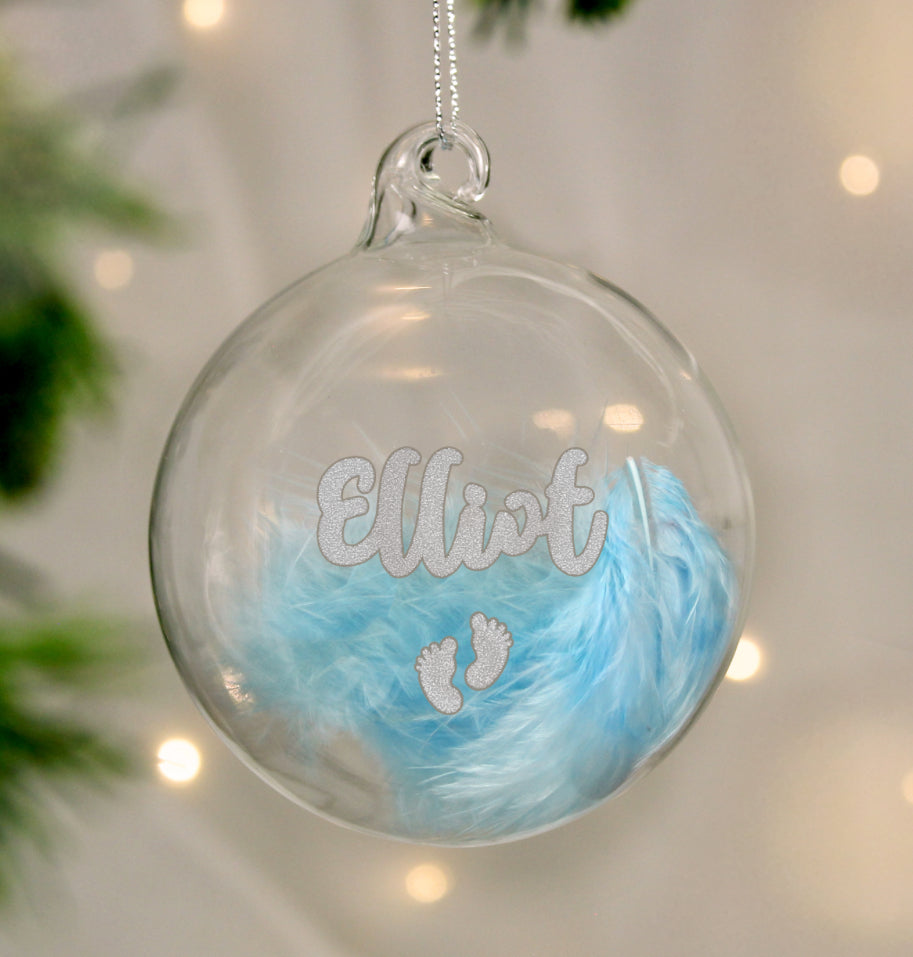 Personalised Blue Feather Silver Footprints Glass Bauble