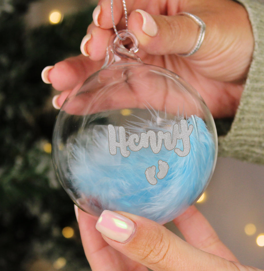 Personalised Blue Feather Silver Footprints Glass Bauble