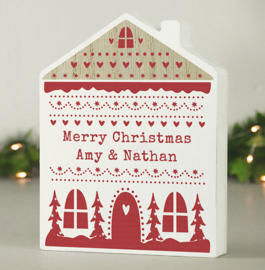 Personalised Christmas Fair Isle Wooden House Ornament