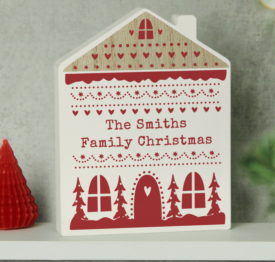 Personalised Christmas Fair Isle Wooden House Ornament