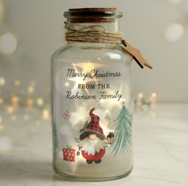 Personalised Gonk Christmas Scene LED Glass Jar