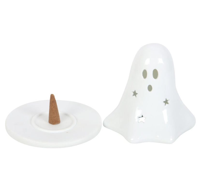 Ceramic Ghost Tealight and Incense Cone Holder