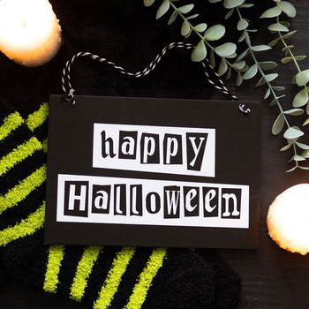 Black and White Happy Halloween Hanging Sign