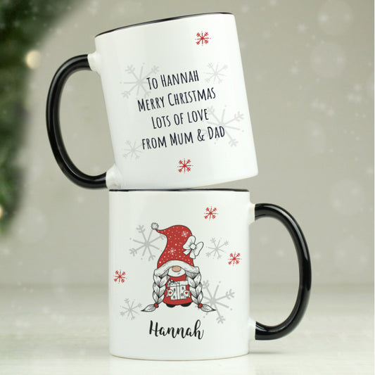 Personalised Gonk Family Black Handled Christmas Mug - Girl