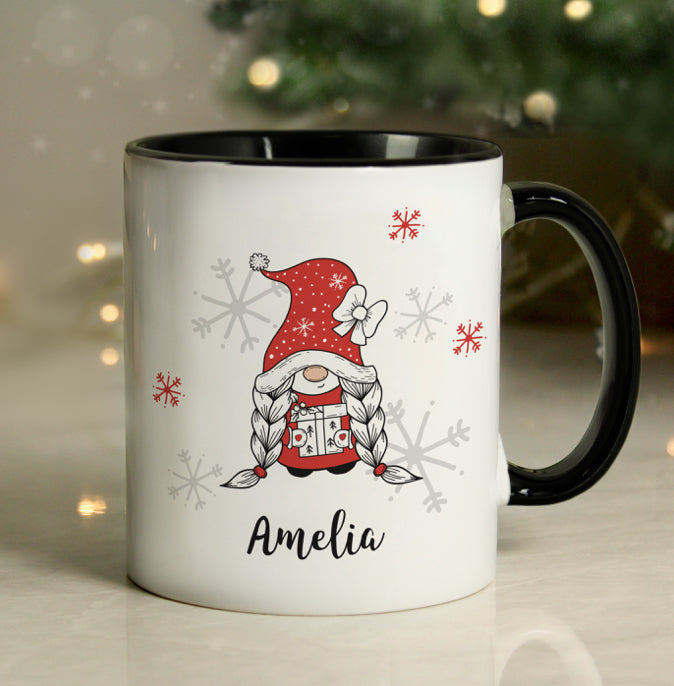 Personalised Gonk Family Black Handled Christmas Mug - Girl