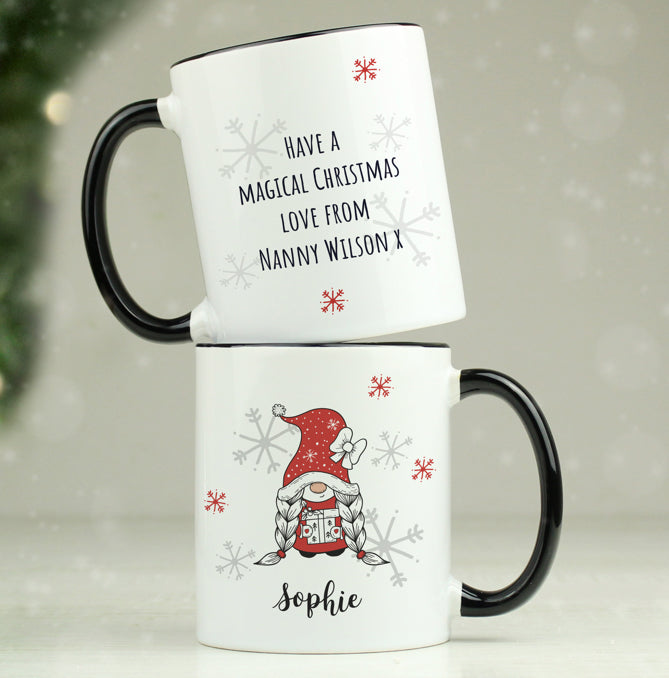 Personalised Gonk Family Black Handled Christmas Mug - Girl