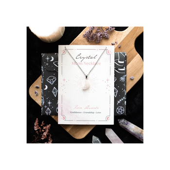 Rose Quartz Crystal Moon Necklace on Greeting Card