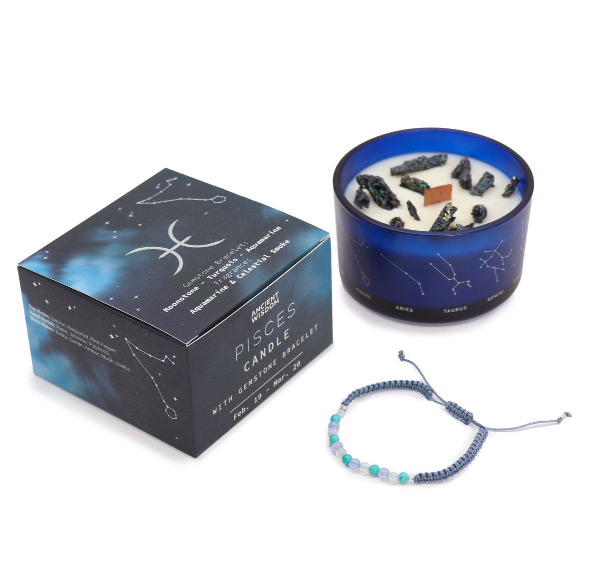 Zodiac Crystal Candle with Gemstone Bracelet - Pisces