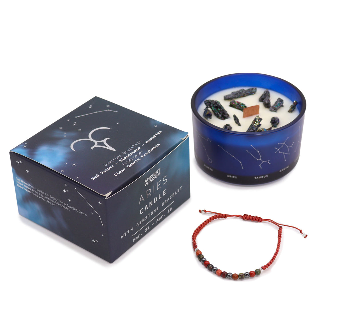 Zodiac Crystal Candle with Gemstone Bracelet - Aries