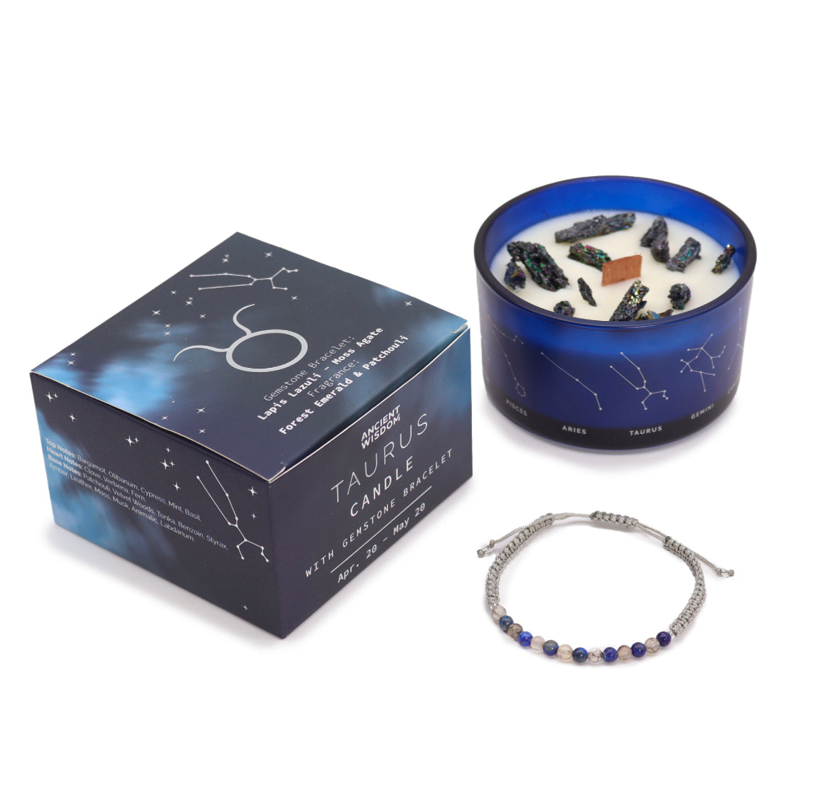 Zodiac Crystal Candle with Gemstone Bracelet - Taurus