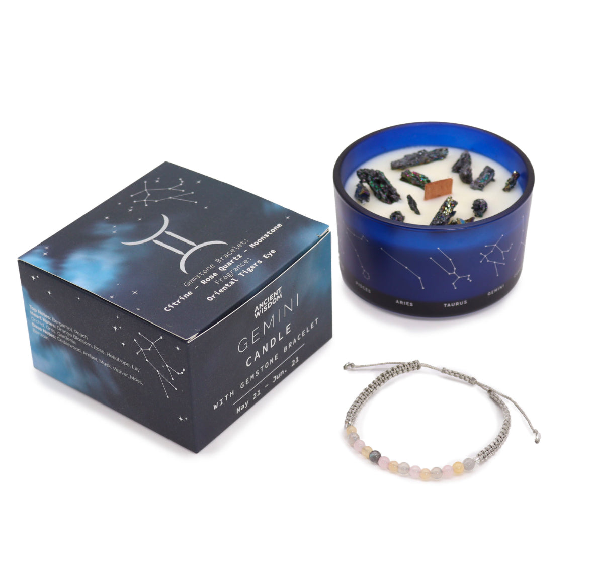 Zodiac Crystal Candle with Gemstone Bracelet - Gemini