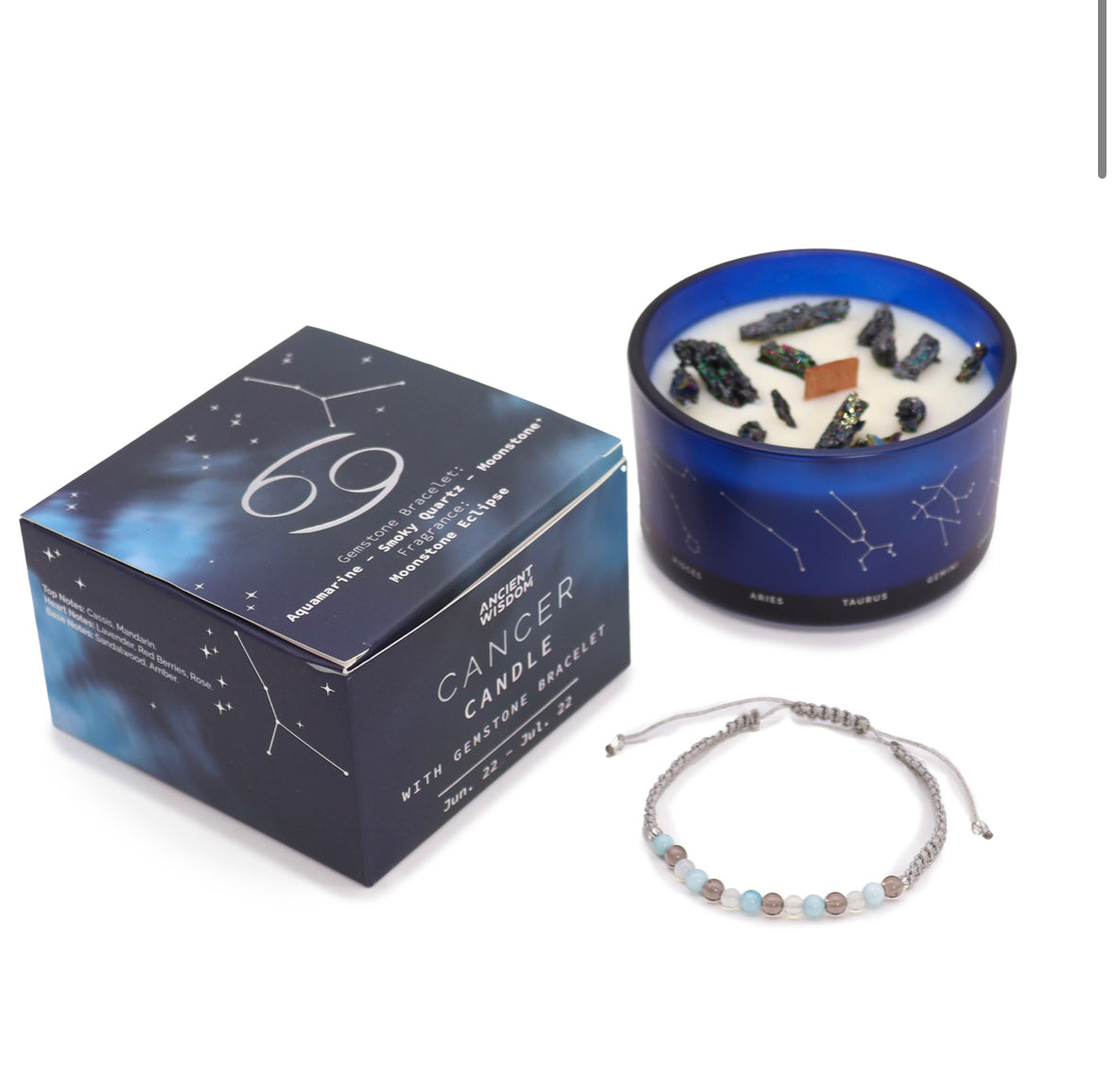 Zodiac Crystal Candle with Gemstone Bracelet - Cancer