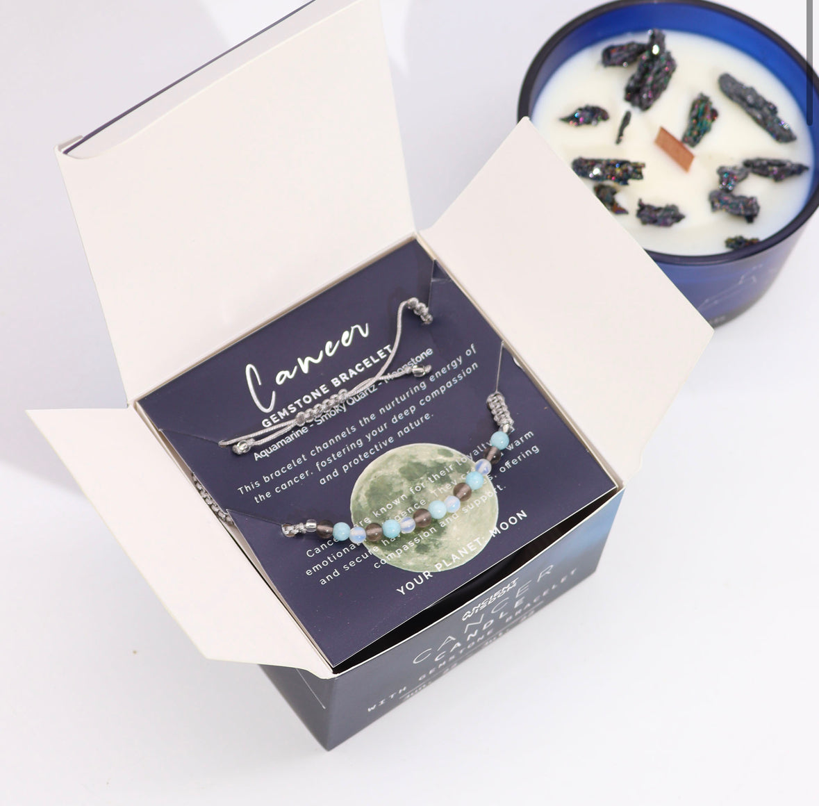 Zodiac Crystal Candle with Gemstone Bracelet - Cancer