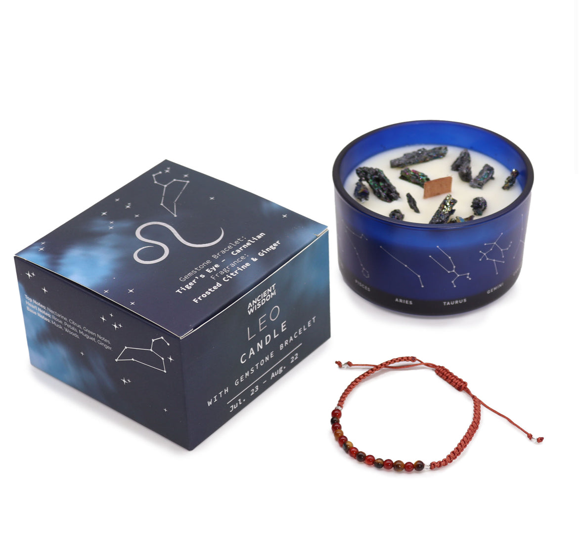 Zodiac Crystal Candle with Gemstone Bracelet - Leo